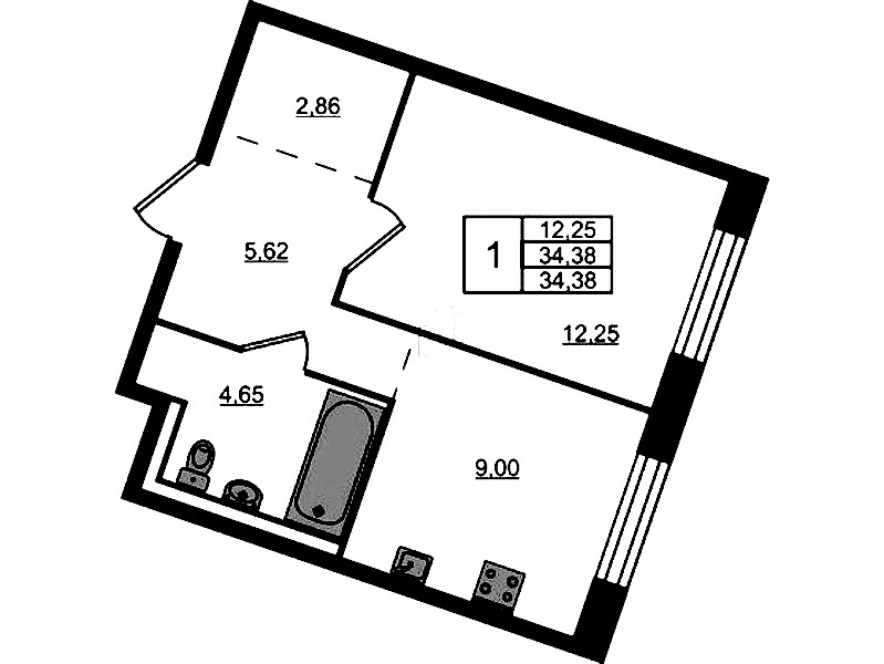 1-комнатная квартира 34.38 м², 1/9 эт., ЖК «Квартал Лаголово»